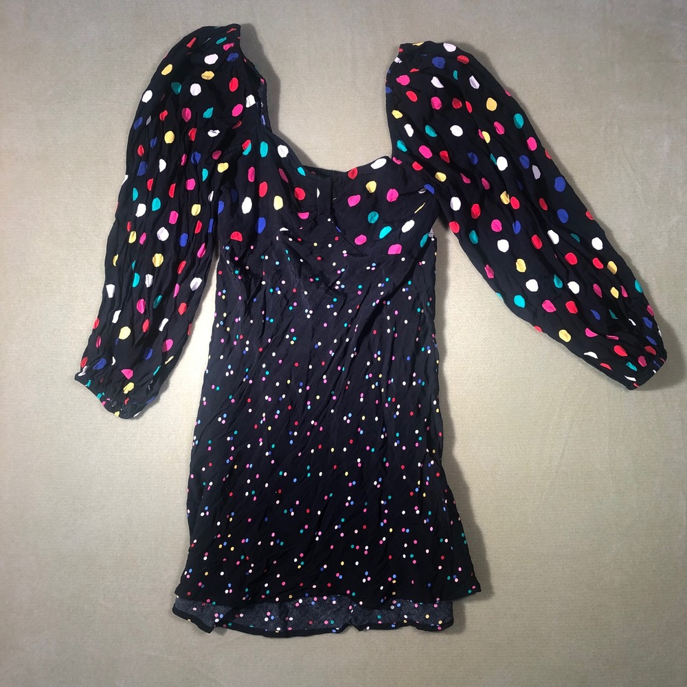 Rixo Mini Dress Womens 6 Black Multi Polka Dot Sweetheart Puff Sleeve Smocked